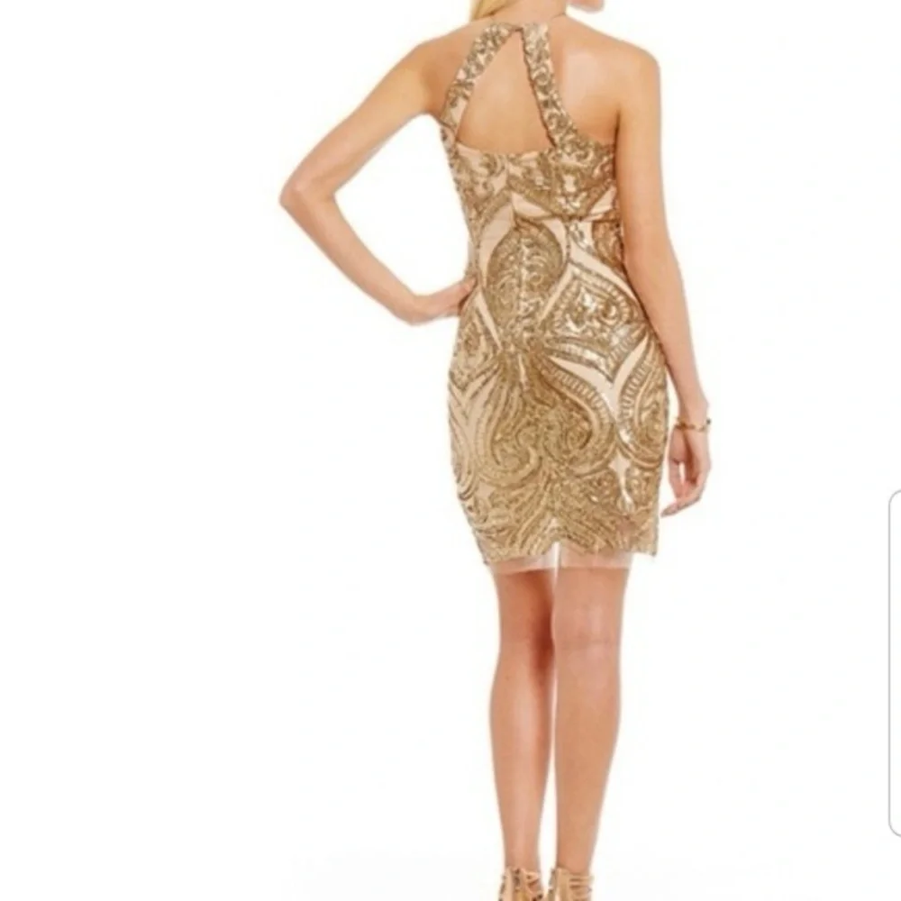CAMILLE LA VIE Elegant Sequin Halter Tie Back Column Dress Gold